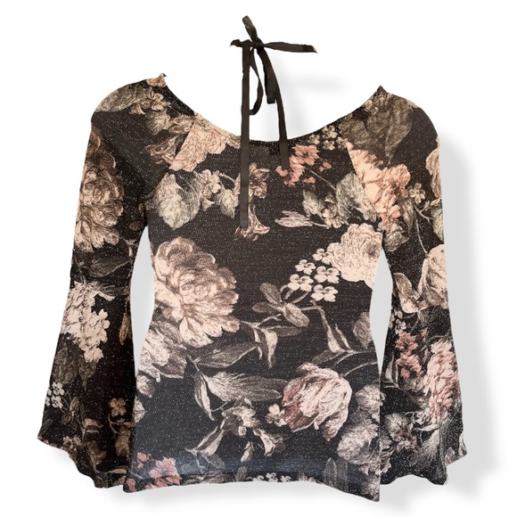 Venus Floral Metallic Caged Halter Top Bell Sleeves Black Gold Size Medium - Picture 11 of 15